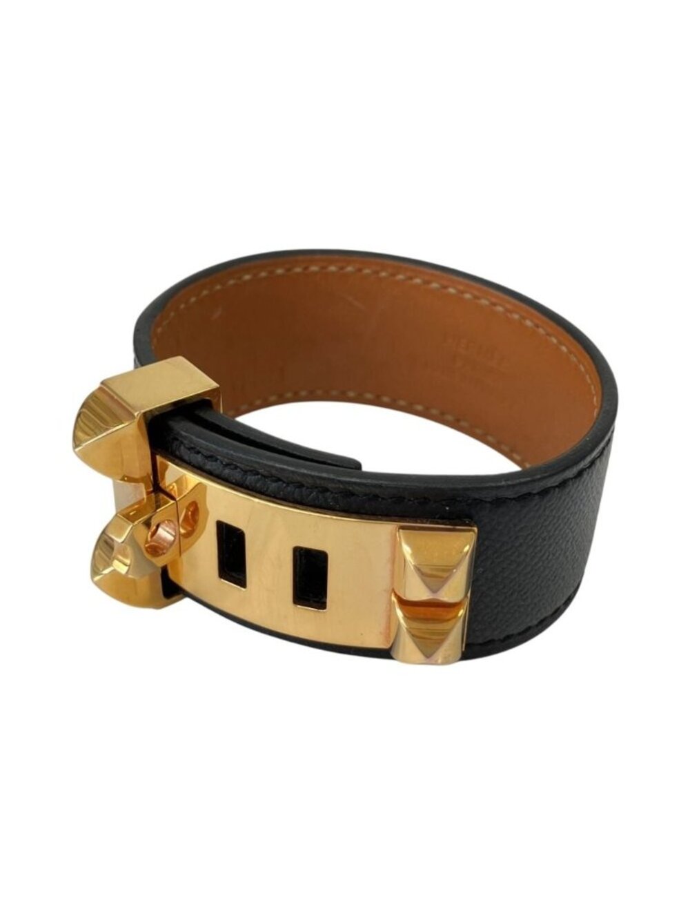 Hermes Collier de Chien Leather Bracelet Bangle Gold T 1 Black
